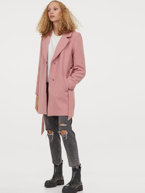 

H&M Women Pink Solid Wool Blend Coat
