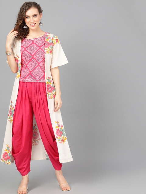 

AKS Women Off-White & Pink Floral Printed Open Front Shrug