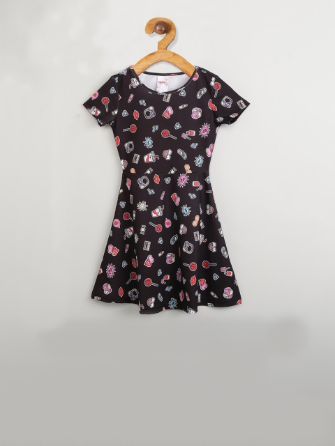 max Girls Black & Pink Printed Fit and Flare Dress