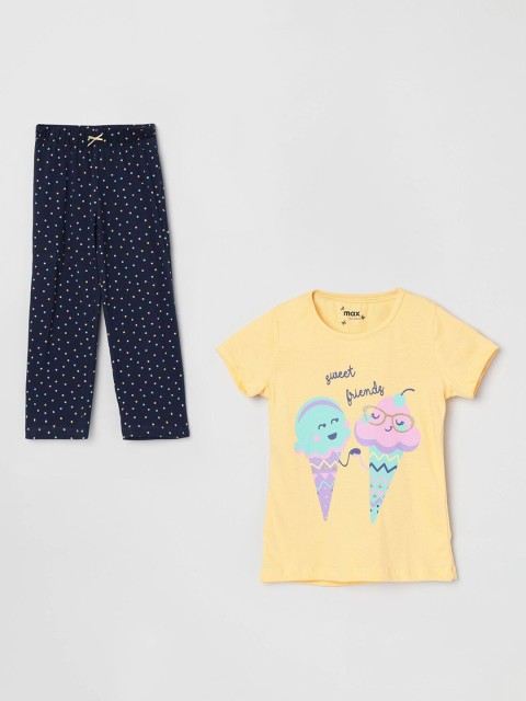 

max Girls Yellow & Navy Blue Printed Night suit
