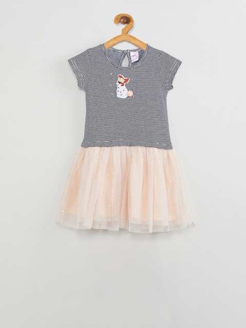 

max Girls Grey & Beige Striped Fit and Flare Dress