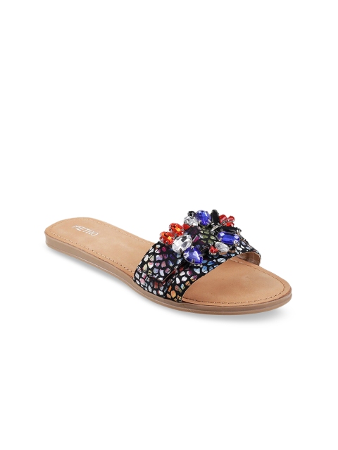 

Metro Women Black Embellished Leather Open Toe Flats