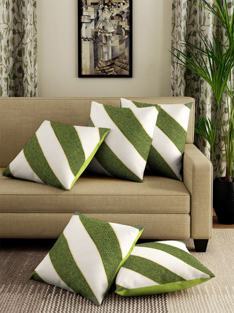 

DREAM WEAVERZ Green & Off-White Set of 5 Striped Square Cushion Covers