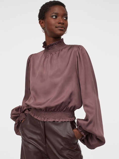 

H&M Women Purple Solid Smocking-Detail Blouse
