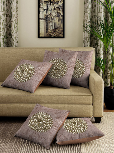 

DREAM WEAVERZ Beige Set of 5 Self Design Square Cushion Covers
