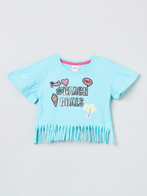 

max Girls Blue Printed Round Neck T-shirt