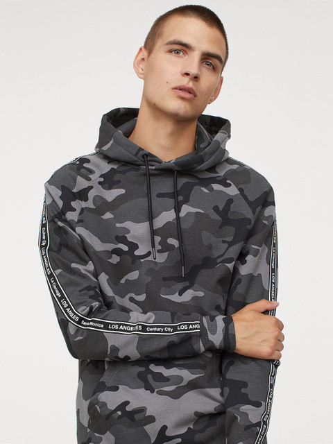 

H&M Grey & Black Camouflage Print Hoodie With Grosgrain Stripes