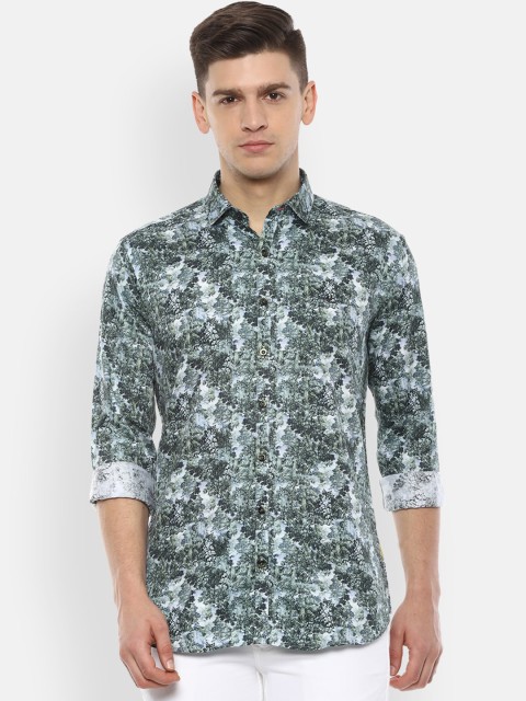 

V Dot Men Off-White & Green Regular Fit Floral Printed Casual Shirt