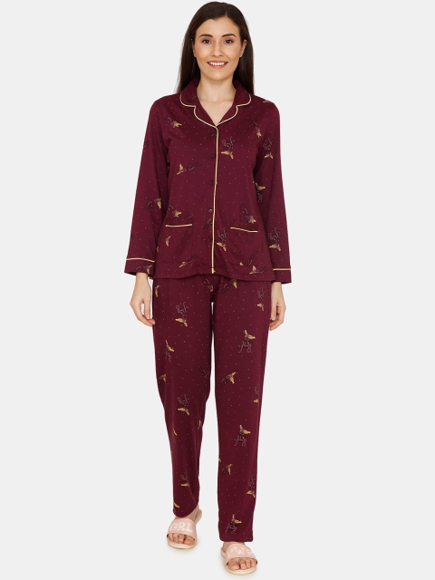 

Zivame Women Maroon Pure Cotton Printed Night Suit