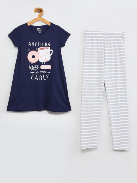 max Girls Navy Blue & Grey Printed T-shirt with Pyjamas