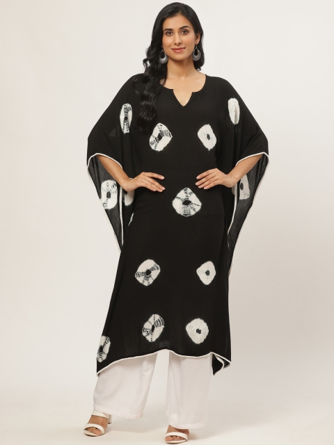 

Nayo Women Black & White Bandhani Printed Kaftan Kurta