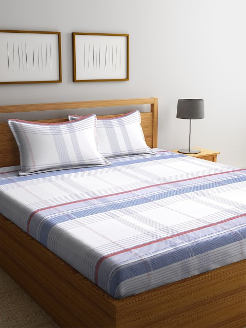 

DREAM WEAVERZ White & Blue Geometric 250 TC Cotton 1 King Bedsheet with 2 Pillow Covers