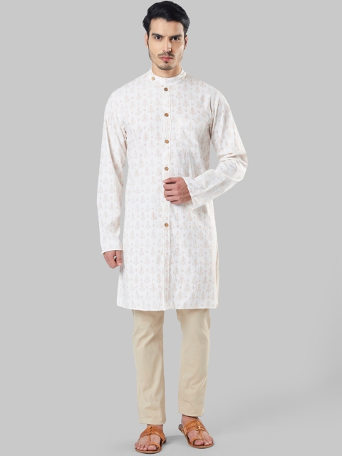 Ethnix by Raymond Men White & Peach-Coloured Printed Straight Kurta