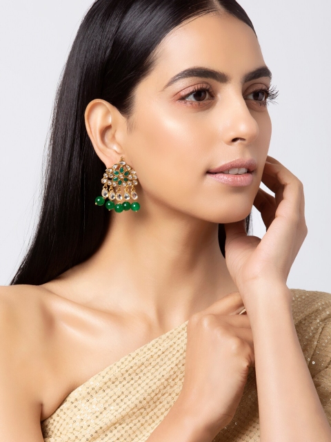 

INDYA Green & Gold-Plated Handcrafted Classic Drop Earrings