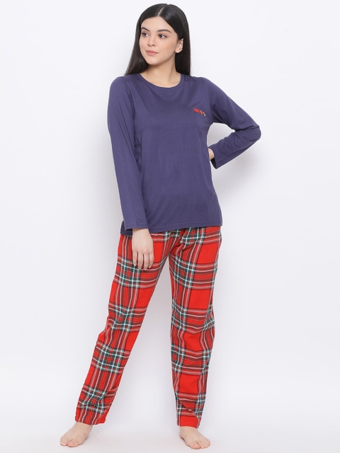 

Kanvin Women Navy Blue & Red Checked Night Suit