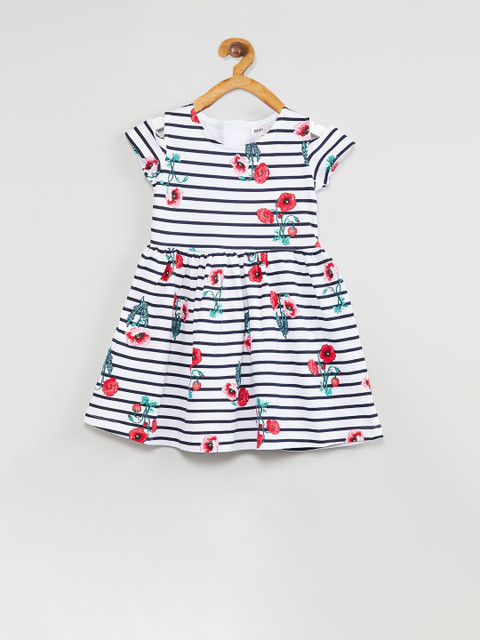 

max Girls White & Navy Blue Striped Fit and Flare Dress