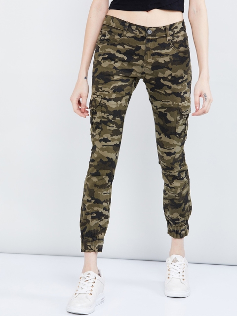 

max Women Olive Green & Black Slim Fit Printed Joggers