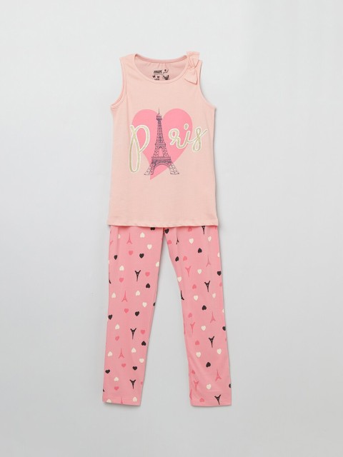 

max Girls Pink & Off-White Printed T-shirt with Trousers