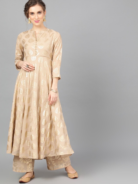 

AKS Women Beige & Gold-Coloured Printed Anarkali Kurta