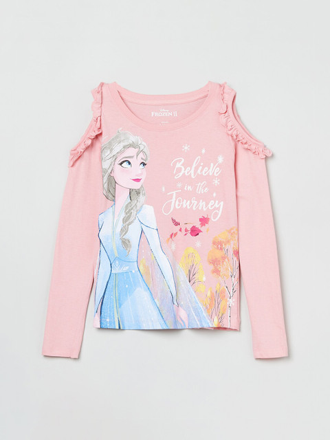 

max Girls Peach-Coloured & Blue Disney Print Round Neck T-shirt