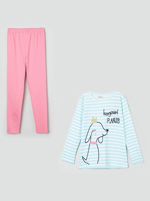 

max Girls Blue & Pink Striped Pure Cotton Night Suit