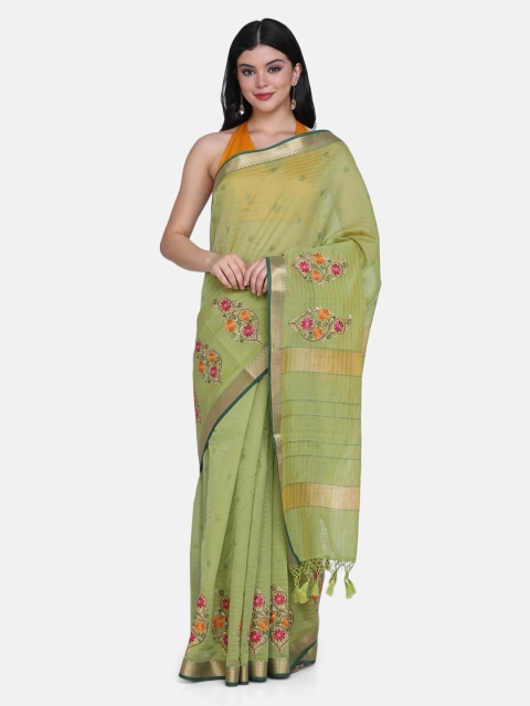 

BOMBAY SELECTIONS Lime Green & Gold-Toned Silk Blend Woven Design Banarasi Saree