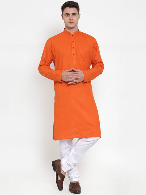 

MAXENCE Men Orange & White Solid Kurta with Churidar