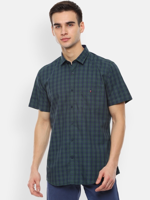 

Louis Philippe Sport Men Green & Navy Blue Slim Fit Checked Casual Shirt