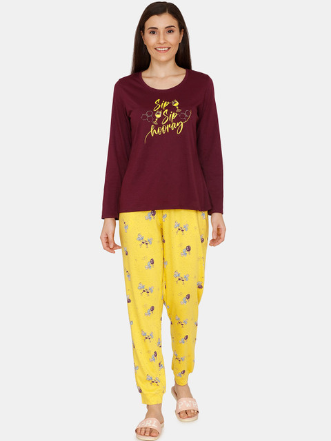 

Zivame Women Maroon & Yellow Pure Cotton Printed Night Suit