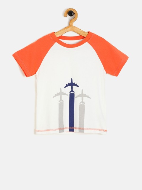 

Aomi Boys White & Orange Printed Raglan Sleeves T-shirt