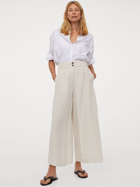 

H&M Women Beige Solid Wide Linen-Blend Trousers