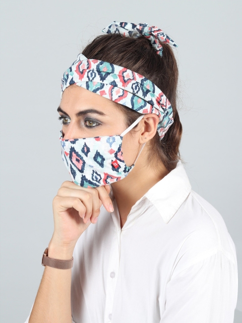 Swiss Design Women Green Single 2-Ply Outdoor Mask Criss Cross Head Band & 1 Hair Band, Multi