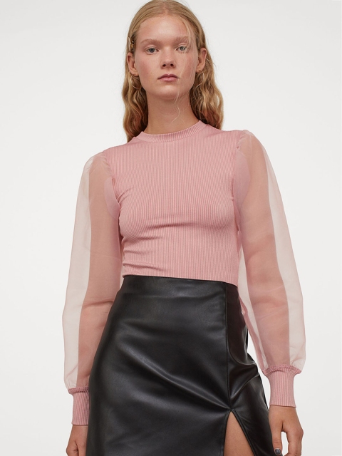 

H&M Women Pink Solid Organza Sleeve Rib Top