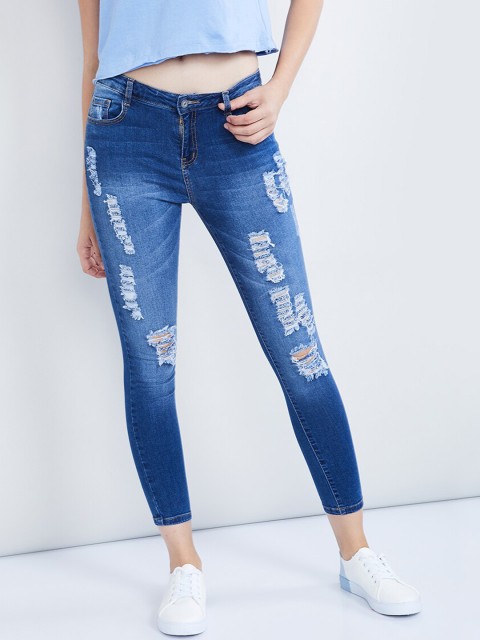 

max Women Blue Skinny Fit Mid-Rise Highly Distressed Jeans