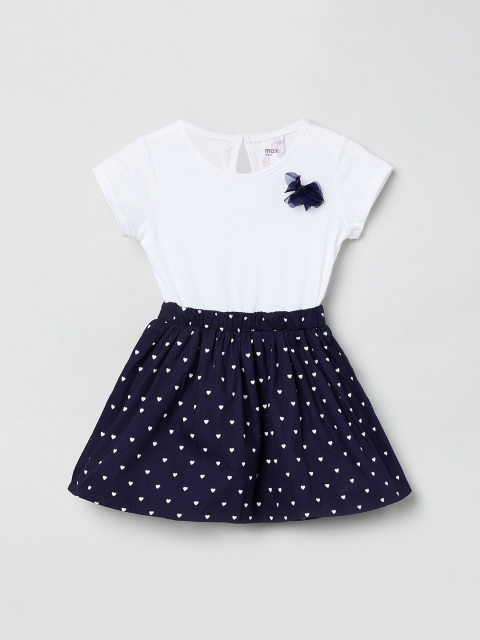 

max Girls White & Navy Blue Printed Fit and Flare Dress