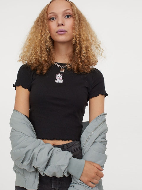 H&M Women Black Appliqued Cropped Tee