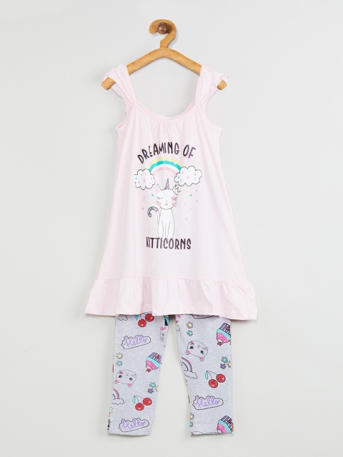 

max Girls Pink & Grey Printed Night suit