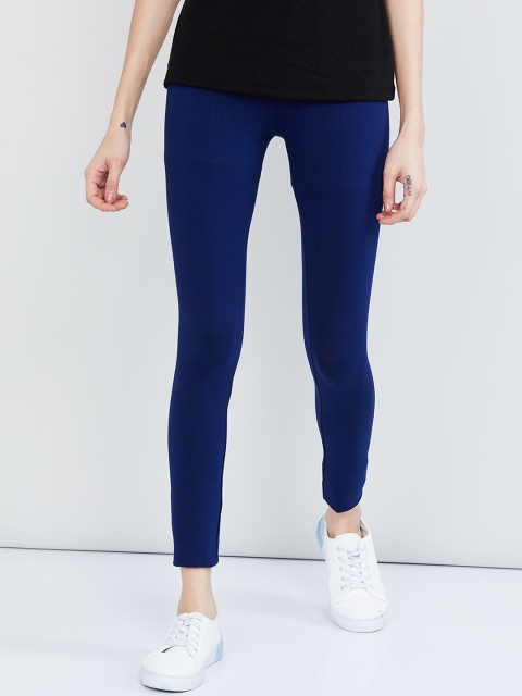 

max Women Navy Blue Solid Ankle-Length Leggings