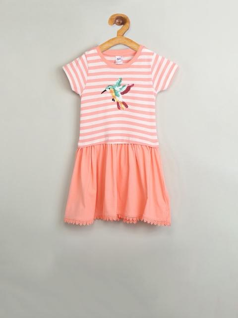 

max Girls Peach-Coloured Striped Fit and Flare Dress