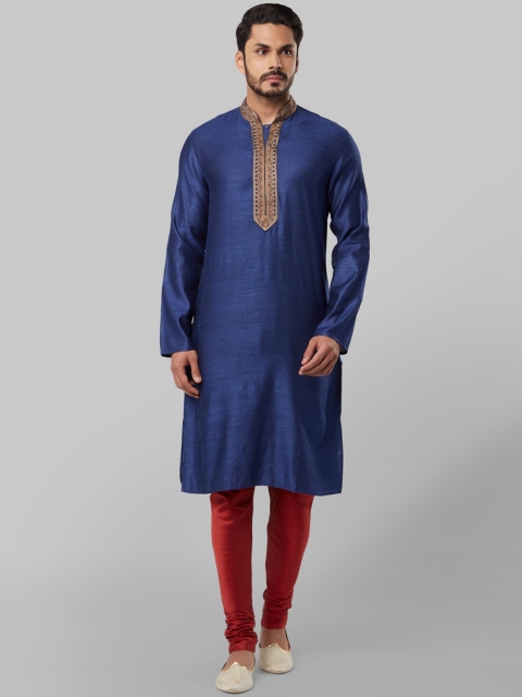 

Ethnix by Raymond Men Navy Blue Yoke Design Straight Kurta