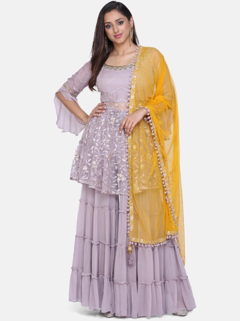 

BOMBAY SELECTIONS Women Lavender Embroidered Kurta with Sharara & Dupatta