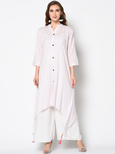 

Kvsfab Women White & Pink Striped A-Line Kurta