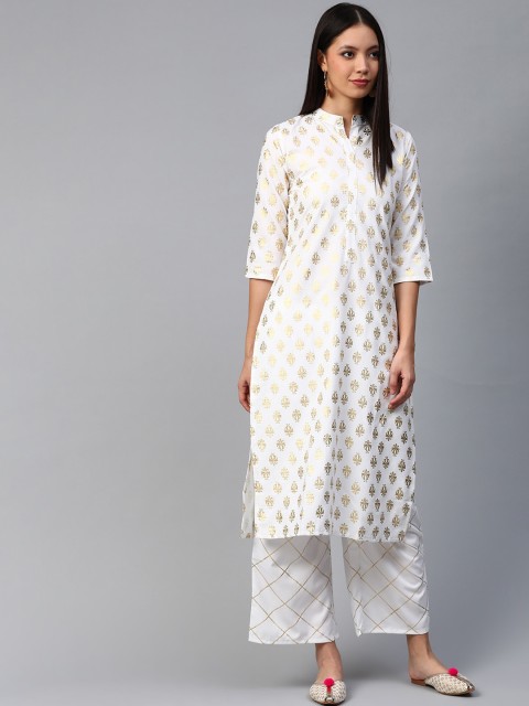 

ZIYAA Women White Foil Printed A-Line Kurta