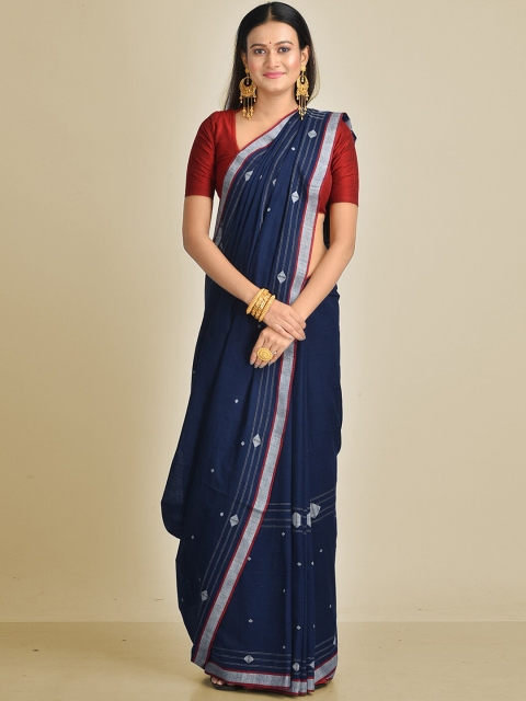 

Mitera Navy Blue Pure Cotton Printed Taant Hand Woven Saree