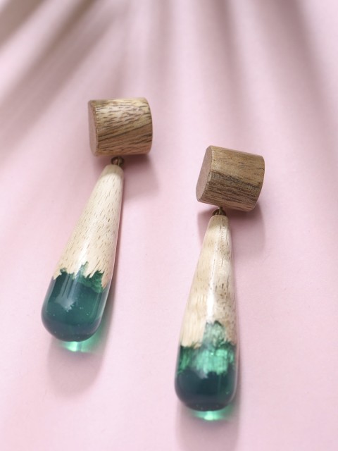 

STREET 9 Cream-Coloured & Sea Green Teardrop Shaped Drop Earrings