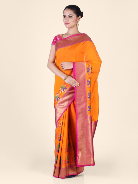 

Hastakala Orange Solid Silk Blend Saree
