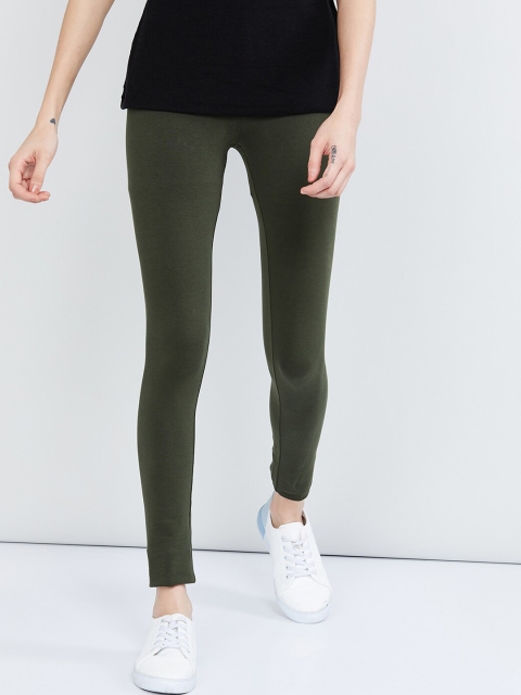 

max Women Olive Green Solid Ankle-Length Leggings