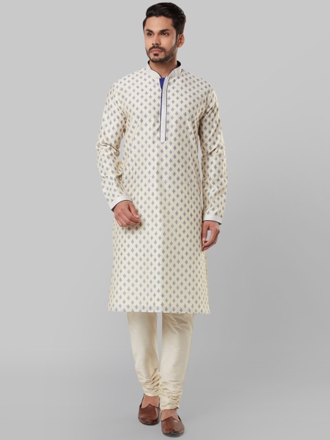

Ethnix by Raymond Men Cream-Coloured & Blue Printed Straight Kurta