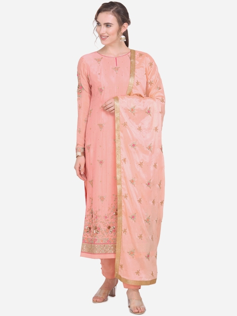 

Stylee LIFESTYLE Peach-Coloured & Gold-Coloured Poly Chiffon Unstitched Dress Material