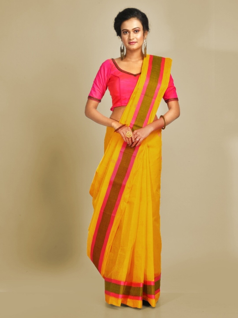 Mitera Yellow & Pink Pure Cotton Woven Design Taant Saree